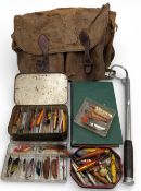 Period Canvas Fishing Tackle Bag: leather strap, waxed finish, distressed condition, with contents