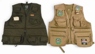 2x Fly Fishing Waistcoats, cotton by Regatta and an unbranded covered in trout fisherman patches,