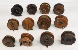 Mixed collection of 10 wood/brass starback and spineback reels, sizes 3 ¼”-4”, two lacking