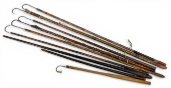Collection of Bamboo Fishing Gaff /Net Handles, wooden handles and a blackthorn walking stick