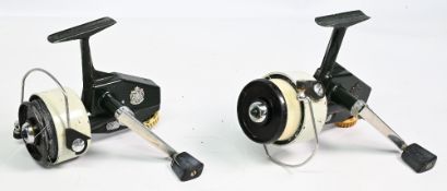 Pair of vintage Abu Cardinal 66 spinning reels, green/cream, working bail and check, minor chips