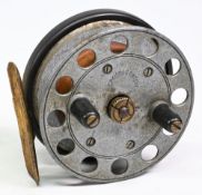 Milwards Crossle Patent 3” ebonite, alloy and brass star back combination reel with wood drum