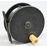 P D Malloch Maker, Perth, alloy salmon fly reel, 4” wide spool with white handle, good check, 6