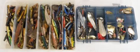 Collection of vintage fishing lure spinners by Abu, Mepps, metal and wood Devons, some handmade