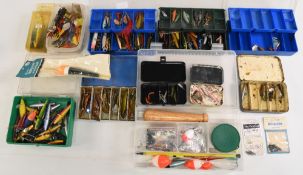 Collection of lures and spinners, including, Toby, Mepps, Flying C, various plastic plugs, in