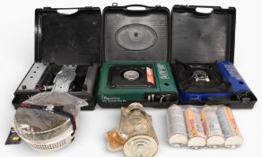 3x Camping Stoves, Gas Bottles and Lantern, unused Sunn gas bottles, camping pans by Tragia - need