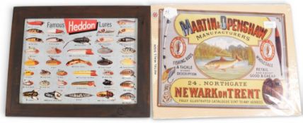 Reproduction metal fishing tackle sign, (Martin and Openshaw, Newark on Trent), showing various