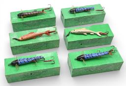 6x Percy Wadham’s artificial baits – some noted as painted by Alfred Barnes c1940s – varying