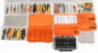 Selection of metal fishing spoons/spinners, wood/plastic Devons, Savage Gear soft rubber baits,