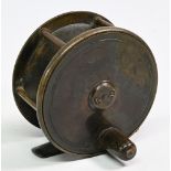 Hardy Bros brass Birmingham plate wind, 3 ½” wide spool, brown tapered handle, 6 pillar frame, brass