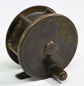 Hardy Bros brass Birmingham plate wind, 3 ½” wide spool, brown tapered handle, 6 pillar frame, brass