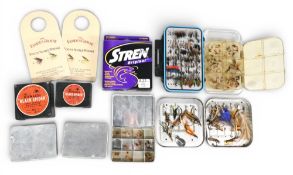 Collection of flies and leader material: 1x Clamshell double sided Clear view fly box, 6” x 4”, with