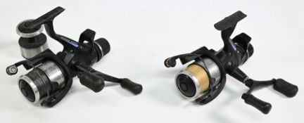 2x Shimano Aero Baitrunner 5000 GTE fixed spool reels stamped Malaysia, folding handles, rear