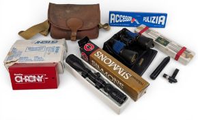 Shooting Accessories, to include a canvas cartridge bag, webbing strap and leather trim used, Bisley