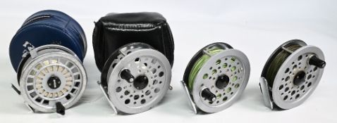 3x Shakespeare Beaulite alloy salmon fly reels, 4 ¼” ventilated spool, 2 screw latch, black