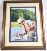 Brown Trout & Fisherman: fishing original painting by A Jones - size 58cm x 73cm
