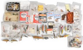 Mixed collection of vintage lures, including quill, metal and wooden Devons, various Abu spinners,