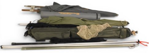 Fishing Tackle accessories: a NGT bagged tripod, umbrellas, rod rest, empty rod tube, folding