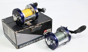 2x Abu Garcia Ambassadeur 6500 C3 CT Blue Yonder multiplier reels one with foot stamped 090119/08,