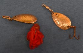 Two glass eyed Norwich spoons, 1 ¼”, 1 ½” bar spoon with red wool hook, both good. (2)