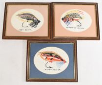Set of 3 embroidered salmon flies, Jock Scott, Thunder and Lightning and Silver Doctor, mounted in