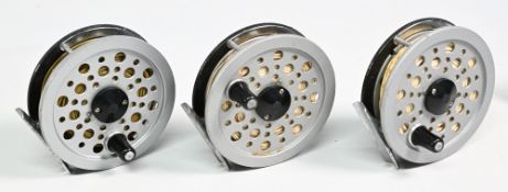 3x Shakespeare Beaulite alloy trout fly reels, 3 ½” ventilated spool, 2 screw latch, black handle,
