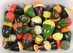 Collection of vintage classic Gazette cork pike bung floats, 1 ½”-3”, many with wooden pegs, plus