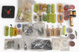 Box of assorted swim feeders, mainly closed end, assorted tubs of shots, spiral leads, tubing etc.