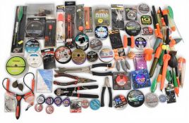 Large selection of pike and predator fishing accessories, including floats, line, weights, unhooking