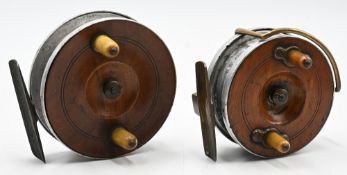 2x Smith and Wall’s Armoured Patent alloy, wood and brass backed centrepin reels sizes 3” and 3 ½” –