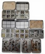 7x Wheatley Slim Alloy Fly Tins, all small sized, clip and lidded examples - one has damage - with a