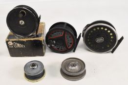 J W Young Condex 3 ¼” fly reel, black bobble finish, silk line, in MOB, a Leeda LC80 composite