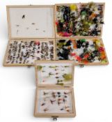 3x Wooden Fly Boxes, with trout flies, artificial baits, neatly stored in 3 cases
