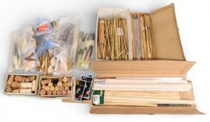Large box of float making materials, including swan, porcupine, goose and other quills, corks balls,