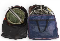 Collection of Fishing Landing Net Heads, and Keep nets, with noted makers of Leeda, Middy, Maver. In