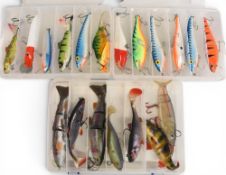 Box of large fresh/saltwater plugs and soft rubber baits, up to 6” long, including Rapala, Garcia