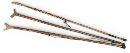 3x Wood and bamboo Wading Staffs, all with antler tops and brass fittings, in good condition