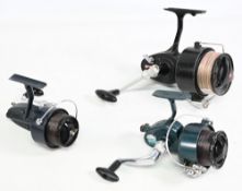 3x Fixed spool reels to incl Mitchell Garcia 387 reel stamped France 309382 to foot, RHW, full