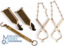 Scarce Hardy brass tubular spring balance with nickel scale plate 0-15lb, pair of Hardy alloy boot