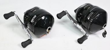 2x Zebco 808 Bowfisher closed face spinning reels in black finish, twin handle, 808BOW -GWK4 stamped