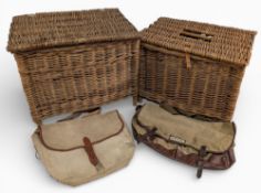 2x Vintage Wicker Fishing Baskets/Seats, plus two canvas fishing bags Hardy bag with leather trim,