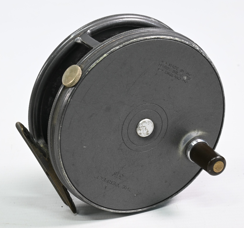 Hardy Bros “The Perfect” alloy trout fly reel, 3 7/8” ventilated spool, black handle, milled rim - Image 2 of 2