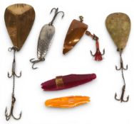 6x assorted Hardy vintage lures, 2 x Celluloid Jacket spinning baits with instructions, a Silver