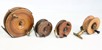 4x Various Wood fishing reels sizes 6” star back wood and brass reel, with brass rear flange with