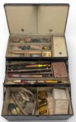 Period Japanned Fishing Tackle Box, cantilever with contents of line, weights, shot, line winders,