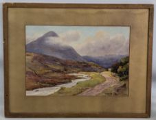 Irish Watercolour Painting c1920: A Fisher Man Walking on a Path Through Mountains Hills and Stream.