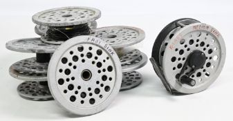 Shakespeare Multiplier alloy trout fly reel with 8 spare spools, 3 ½” ventilated, 2 screw latch,