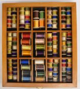 Fine collection of 118 vintage Pearsall wooden fly tying spools of silk, Gossamer, Marabou, Stout