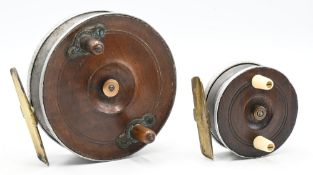 2x Smith and Wall’s Armoured Patent alloy, wood and brass backed centrepin reels sizes 4” and 2 ½” –