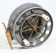 Allcock Aerial 4 ½” alloy centrepin reel with 8 perforations to face stamped Patent to front spool